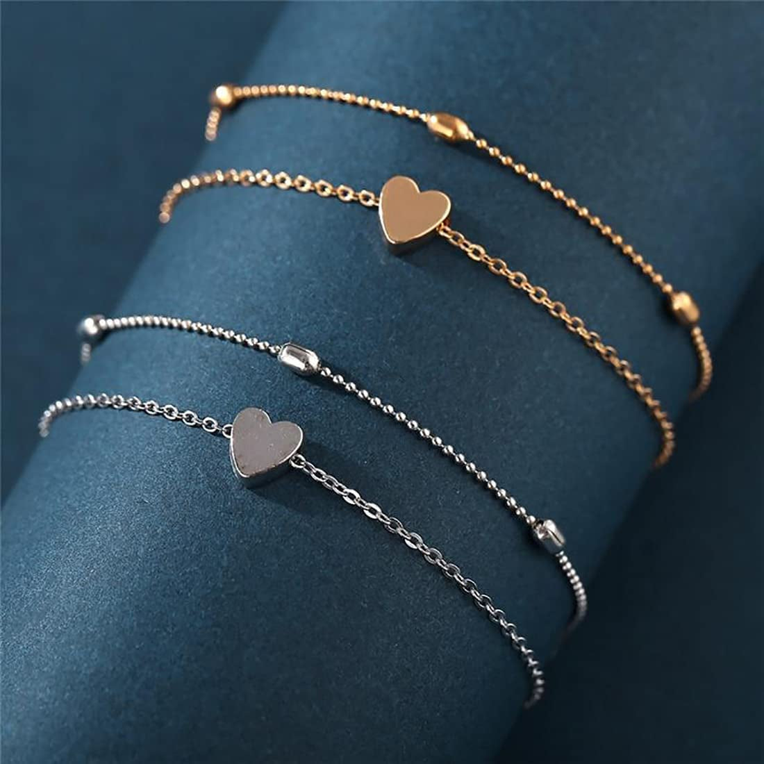Tasiso 14K Gold Plated Layered Satellite Beads Heart Anklets Layering Rhinestone Cubic Zirconia Ankle Bracelets for Women Minimalist Summer Beach Foot Chain Ankle Jewelry Gifts Apparel & Accessories > Jewelry > Anklets Tasiso   