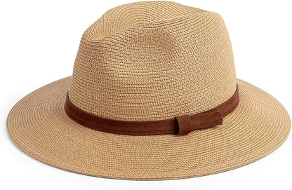 DRESHOW Women Straw Panama Hat Fedora Beach Sun Hat Wide Brim Straw Roll up Hat UPF 50+ Apparel & Accessories > Clothing Accessories > Hats DRESHOW 1 Pack:ac Khaki/Belt Buckle  