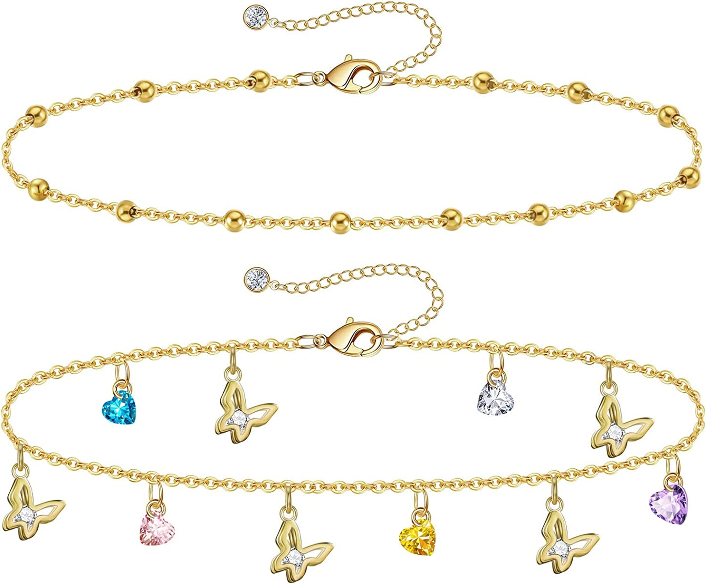 Gold Ankle Bracelets for Women 14K Gold Plated Anklet Silver Tennis Rose Quartz Cross Bead Herringbone Snake Paperclip Chain Cubic Zirconia Dainty Layered Anklet Set 3Pcs Apparel & Accessories > Jewelry > Anklets WeSparking ZE-Yellow Gold-Butterfly  