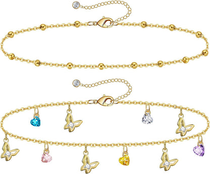 Gold Ankle Bracelets for Women 14K Gold Plated Anklet Silver Tennis Rose Quartz Cross Bead Herringbone Snake Paperclip Chain Cubic Zirconia Dainty Layered Anklet Set 3Pcs Apparel & Accessories > Jewelry > Anklets WeSparking ZE-Yellow Gold-Butterfly  