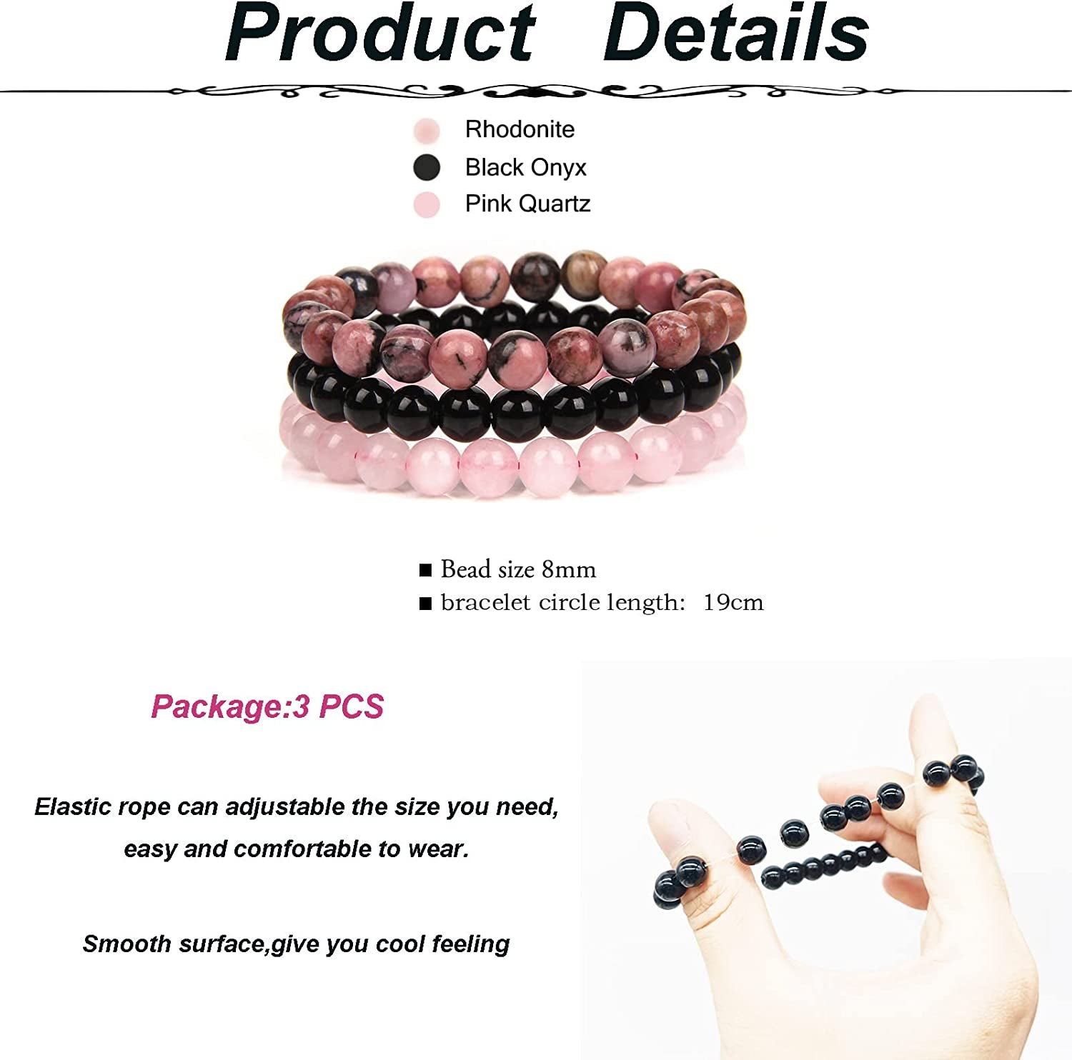 SONNYX 3Pcs 8Mm Semi-Precious Gemstones Beaded Bracelets for Women Men Healing Crystal Stone Bracelet Stretch round Beaded Elastic Bracelets Unisex Jewelry Gifts Apparel & Accessories > Jewelry > Bracelets SONNYX   