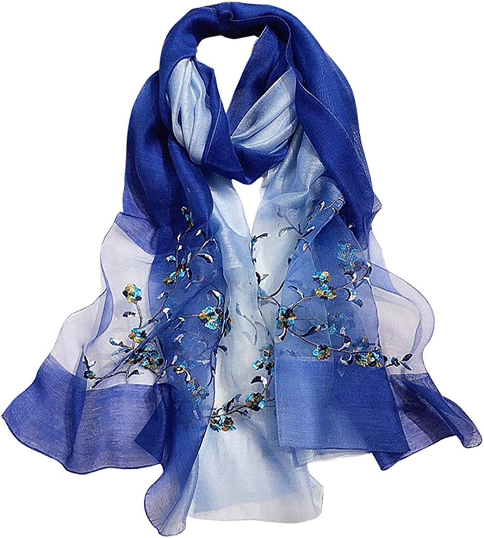 GOFINEE Women Silk&Wool Gradient Embroidered Scarf Headwrap Shawl Apparel & Accessories > Clothing Accessories > Scarves & Shawls GOFINEE Blue  