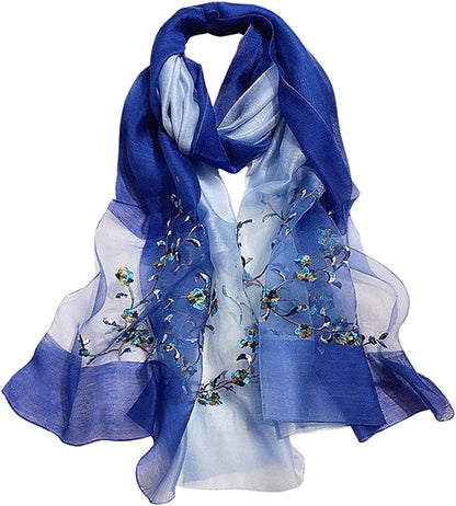 GOFINEE Women Silk&Wool Gradient Embroidered Scarf Headwrap Shawl Apparel & Accessories > Clothing Accessories > Scarves & Shawls GOFINEE Blue  