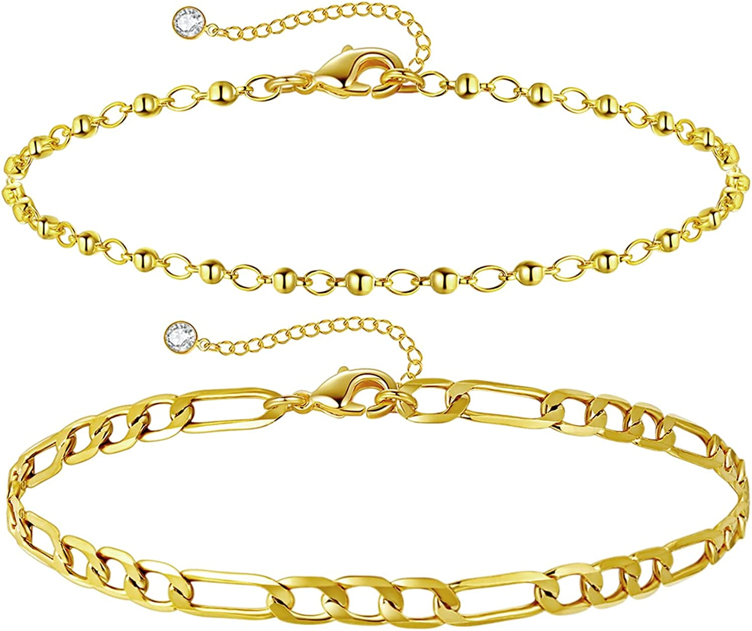 HAXIYA Ankle Bracelets for Women, 14K Gold Plated Adjust Beach Anklet, Cuban Link Chain, Beaded Anklet, Diamond Anklet, Figaro Chain, Water Proof for Summer Apparel & Accessories > Jewelry > Anklets HAXIYA Figaro-2  