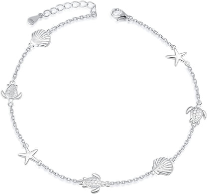 BEILIN 925 Sterling Silver Seabeach Anklets for Women Teen Girls Ocean Ankle Bracelets for Women Apparel & Accessories > Jewelry > Anklets BEILIN Starfish conch turtle 8.6+2  