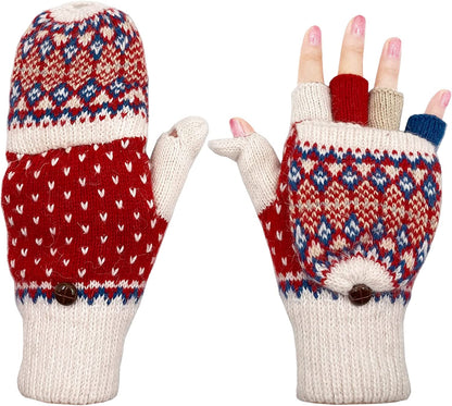 Beurlike Women'S Winter Gloves Warm Wool Knitted Convertible Fingerless Mittens Apparel & Accessories > Clothing Accessories > Gloves & Mittens Beurlike Zfleece Whitered  