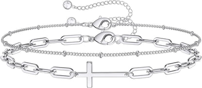 Dainty Gold Bracelets for Women, 14K Gold Filled Adjustable Layered Bracelet Cute Evil Eye Oval Chain Pearl Bar Turtle Gold Bracelets for Women Jewelry Apparel & Accessories > Jewelry > Bracelets Turandoss Beads Chain&Cross-Silver  