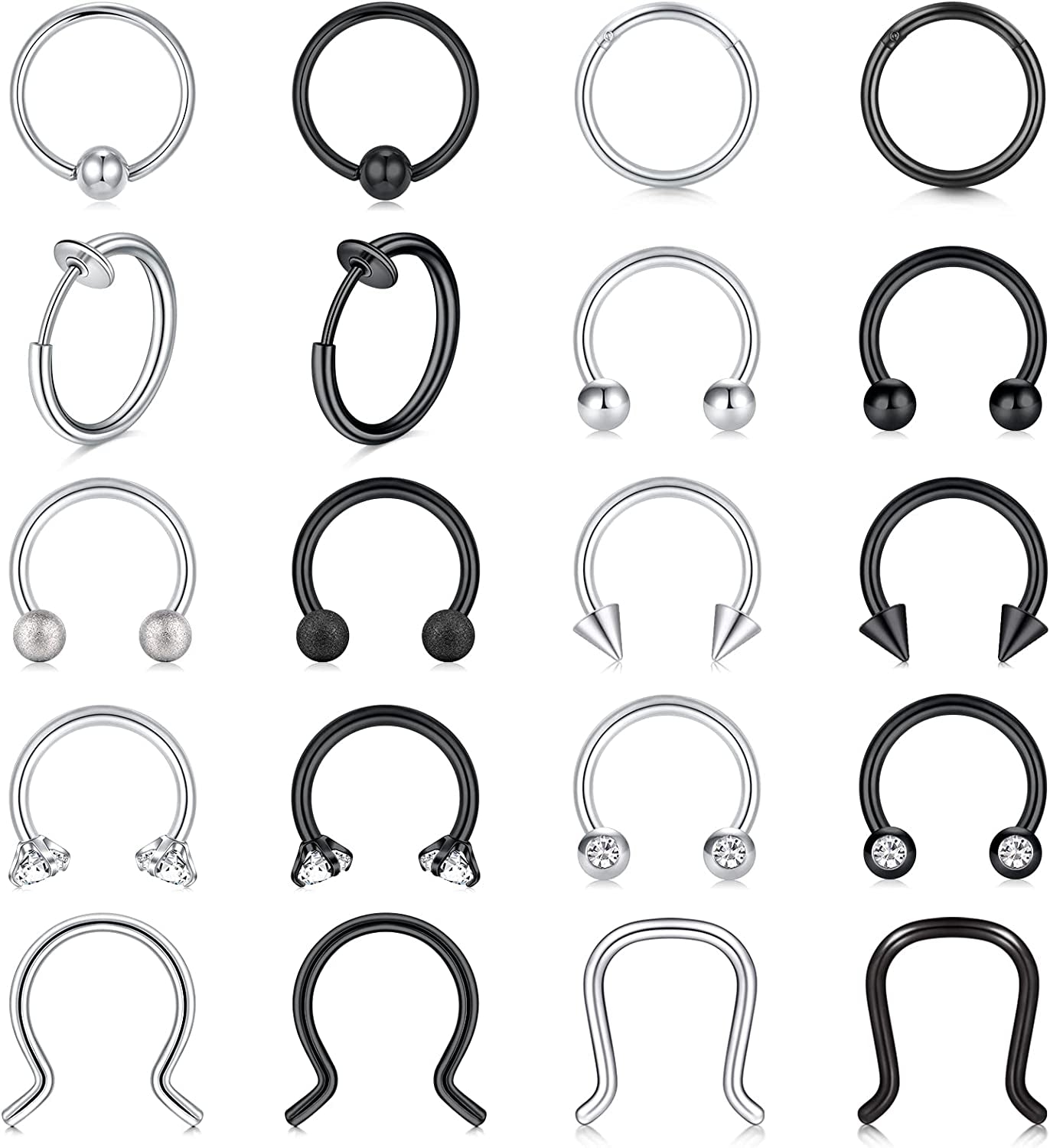 Mayhoop 16G Surgical Steel Horseshoe Nose Septum Rings Piercing Jewelry Cartilage Helix Tragus Earring Hoop Lip Horseshoe Piercing Retainer for Women Men 6Mm 8Mm 10Mm Apparel & Accessories > Jewelry > Rings Mayhoop Silver+Black  