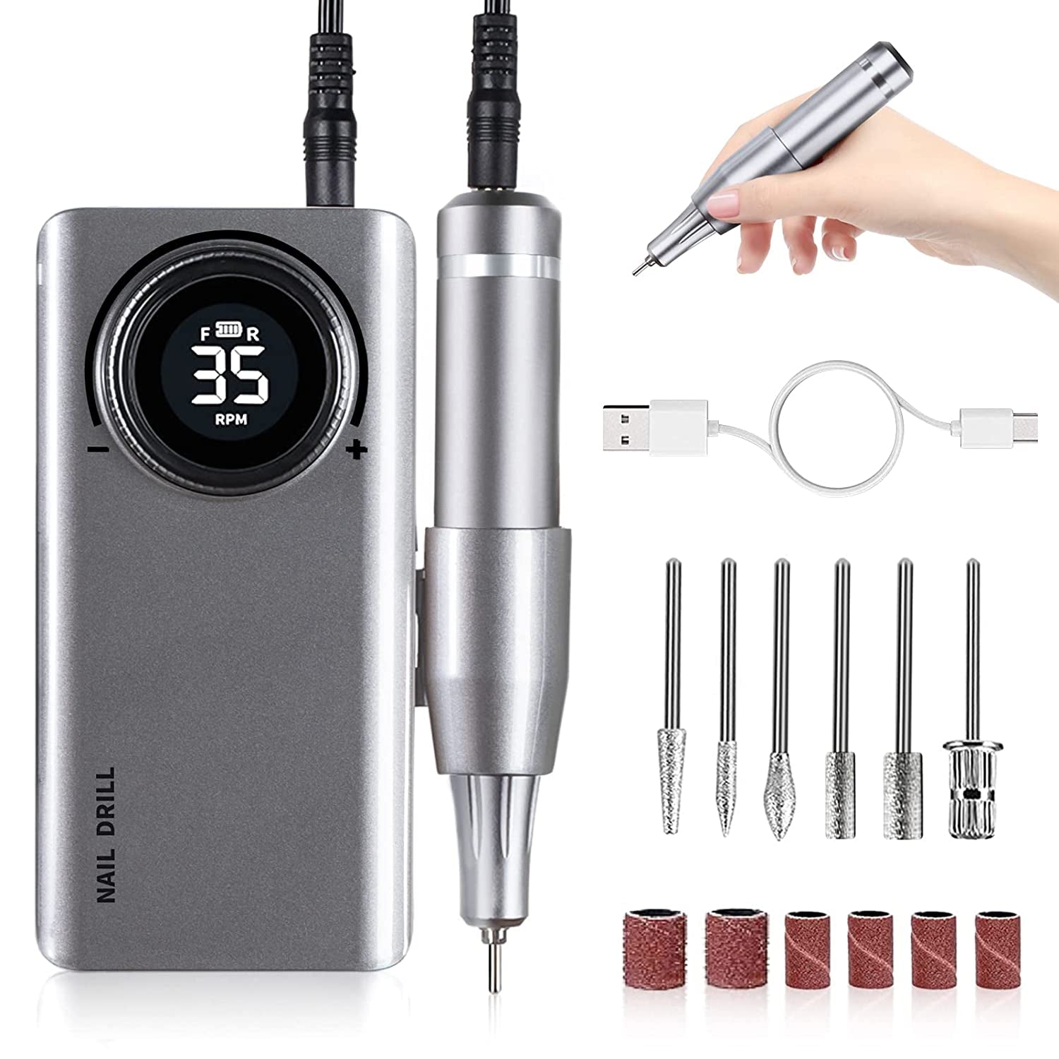 Professional Electric Nail Drill Machine, Portable Rechargeable 35000RPM Nail Drill for Acrylic Gel Nails, Manicure Pedicure Polishing Shape Tools for Home and Salon Use Health & Beauty > Personal Care > Cosmetics > Cosmetic Tools > Nail Tools Caattiilaa B-Grey  