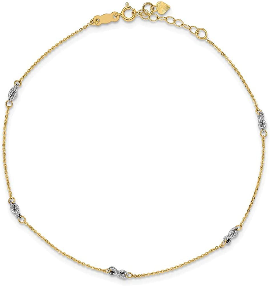 Solid 14K Yellow and White Gold Two Tone Cable Foot Chain Ankle Bracelet Rope Foot Chain Ankle Bracelet 1In Ext Anklet 9" Apparel & Accessories > Jewelry > Anklets Sonia Jewels   