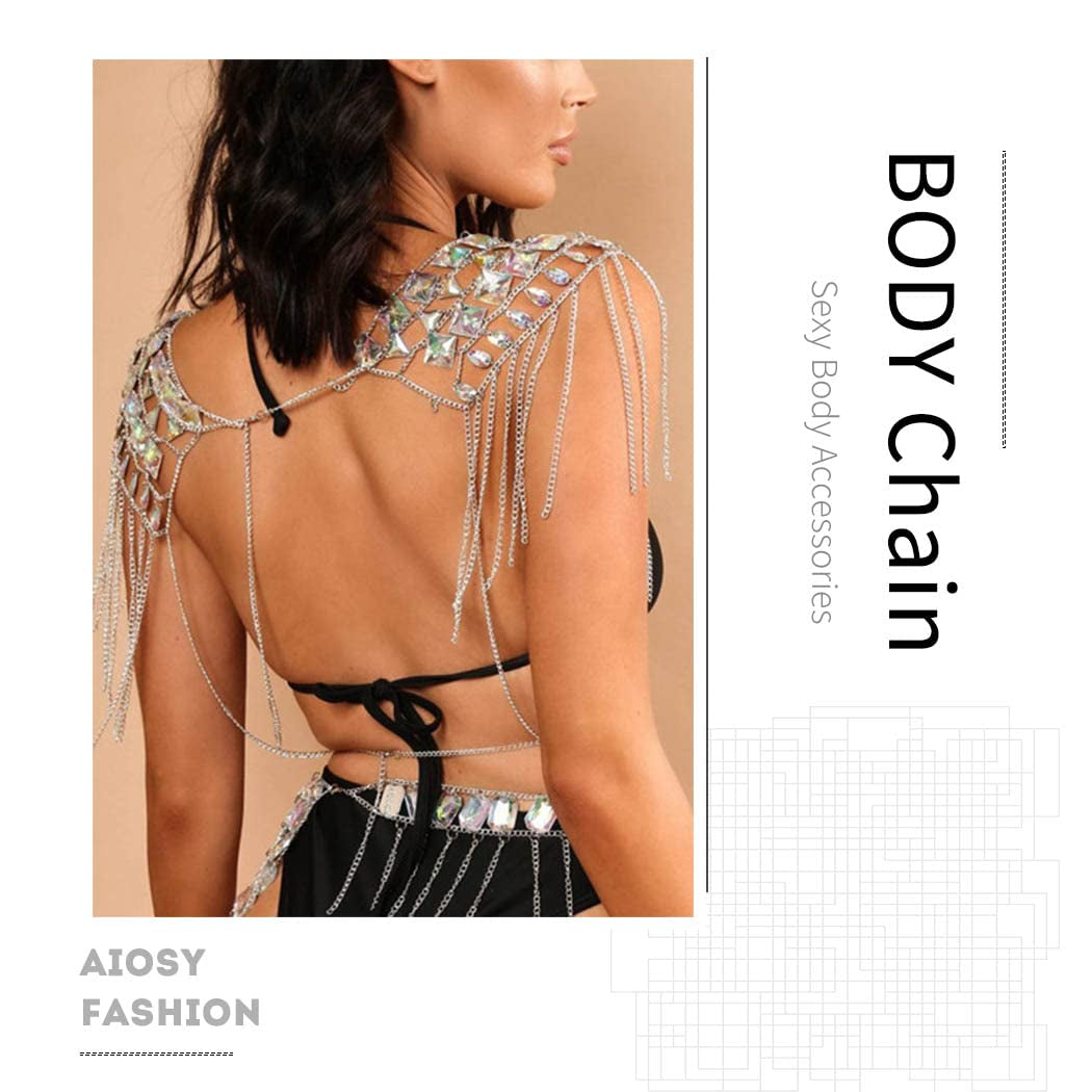 Salliy Boho Rhinestone Bikini Chain Set Silver Sexy Sequins Mesh Body Chains Summer Bra Body Jewelry for Women and Girls (Jacket) Apparel & Accessories > Jewelry > Body Jewelry Salliy   