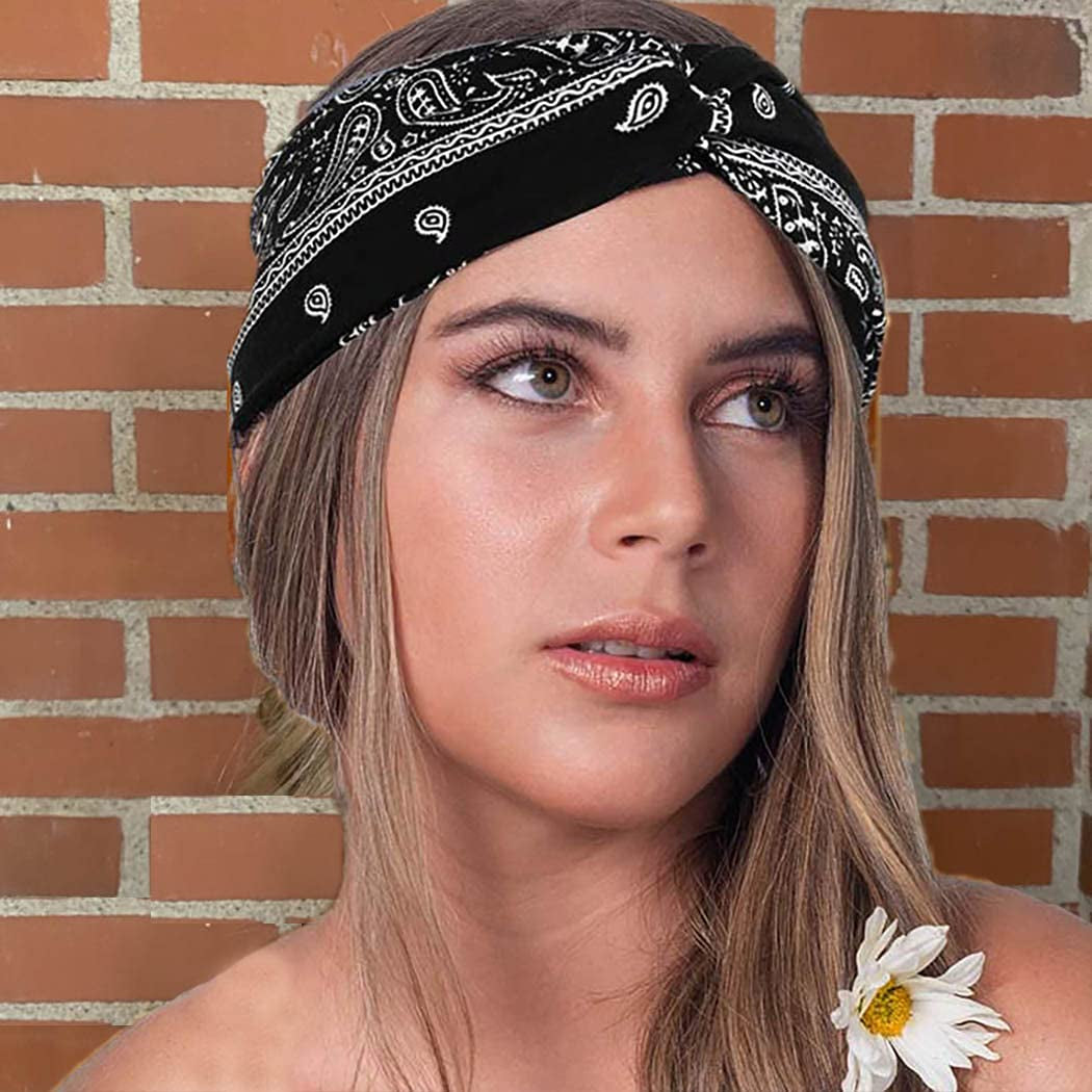 Urieo Boho Headbands Stretch Paisley Print Bandana Headband Criss Cross Hair Bands Knotted Head Wrap Yoga Daily for Women and Girls (Pack of 4) (A) Apparel & Accessories > Clothing Accessories > Bandanas & Headties Urieo   