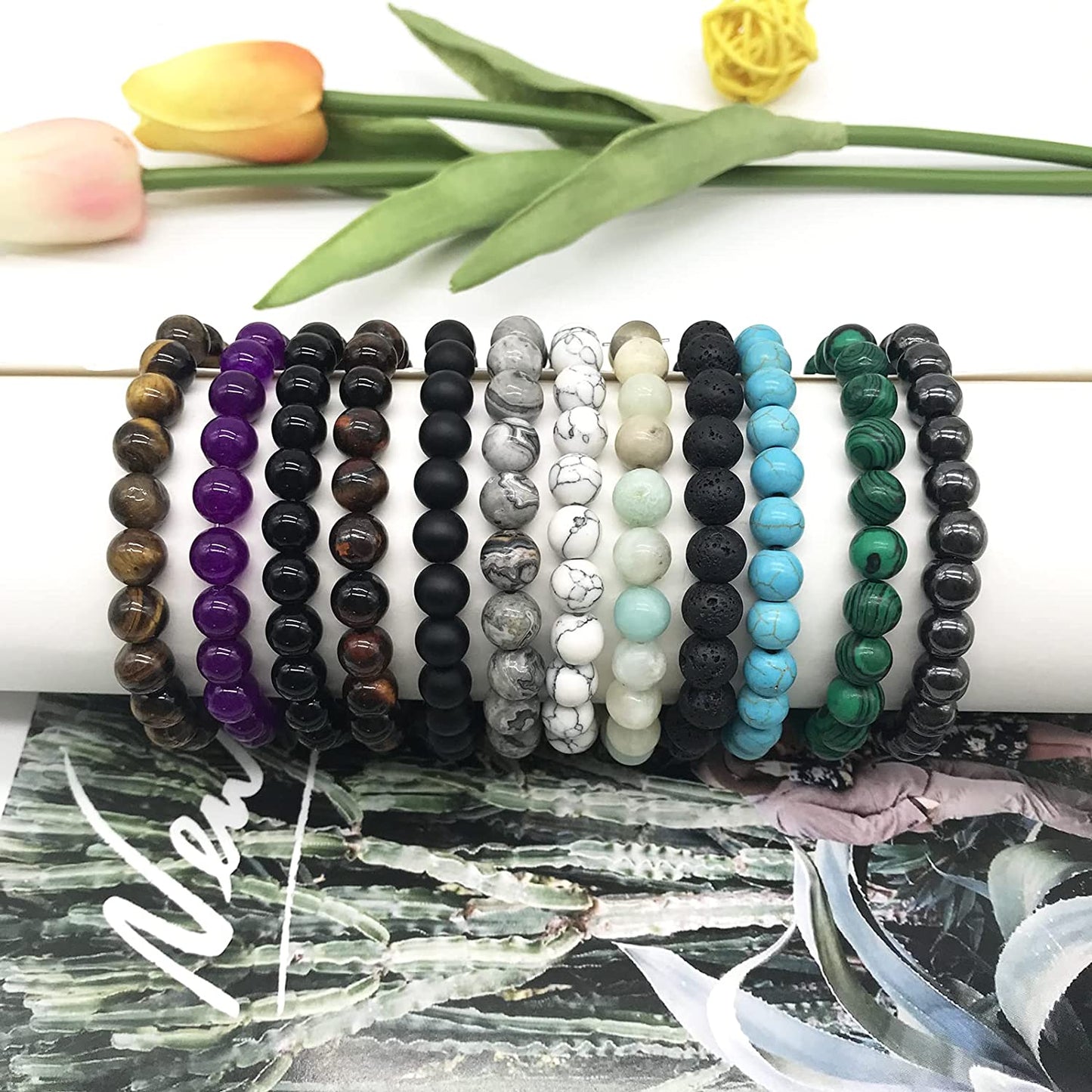 JEWPARK 12PCS 8Mm Semi-Precious Gemstone Bracelet Set Healing Crystal Stone Stretch Bracelets for Men Women round Beaded Elastic Bracelets Apparel & Accessories > Jewelry > Bracelets JEWPARK   
