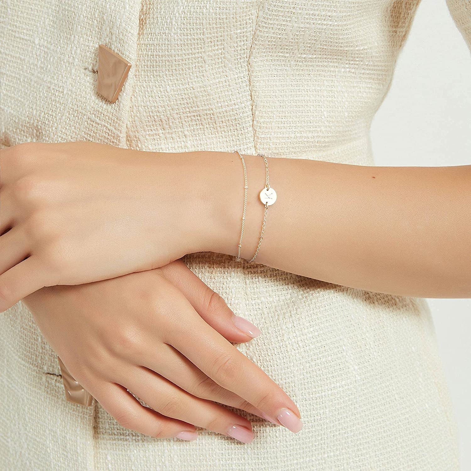 MONOZO Gold Initial Bracelets for Women, Dainty 14K Gold Filled Layered Beaded Letter Initial Bracelet Personalized 26 Alphabet Disc Monogram Charm Bracelet Jewelry Gifts for Girls Apparel & Accessories > Jewelry > Bracelets MONOZO   