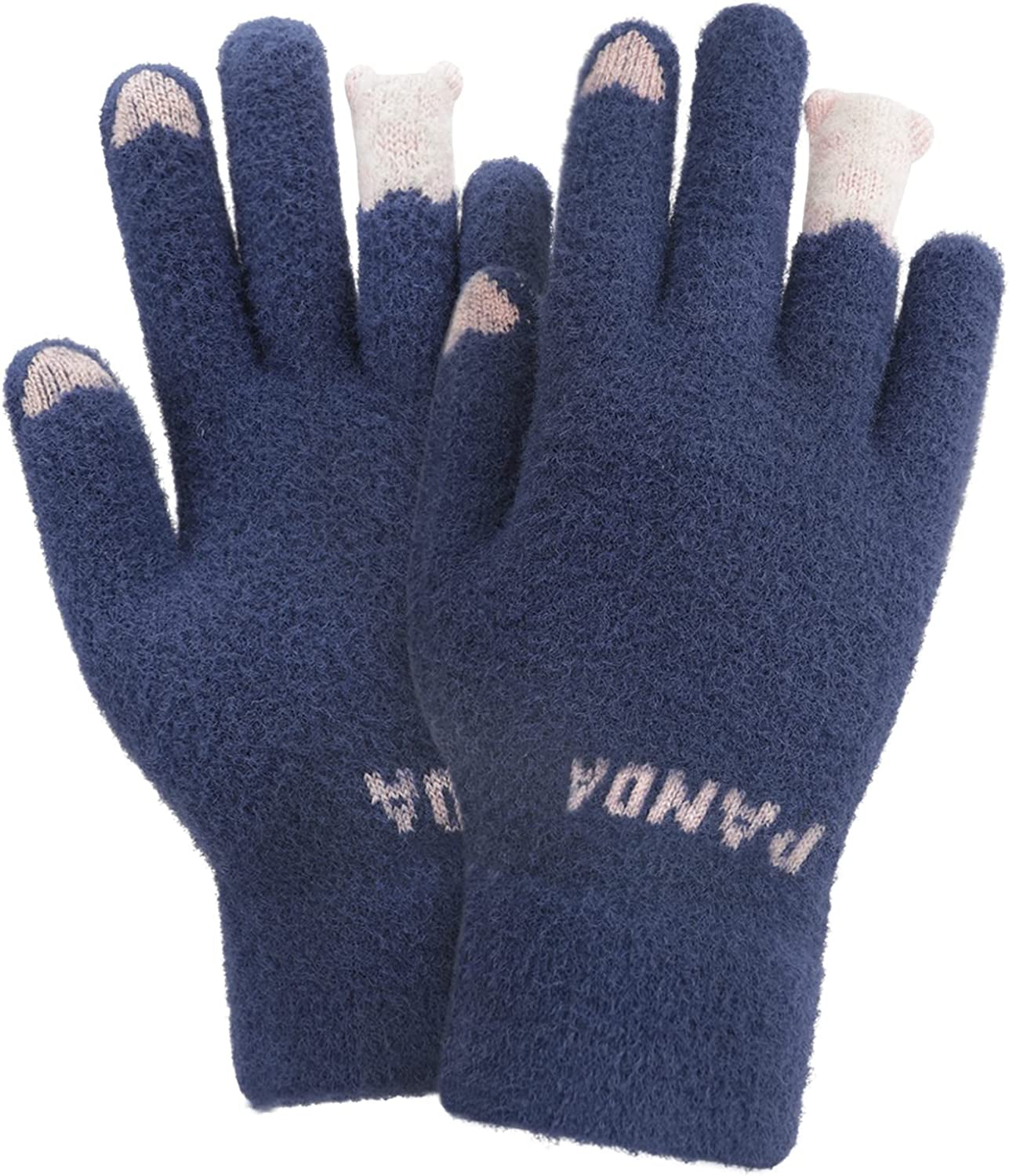 Cute Panda Winter Wool Touchscreen Gloves for Women Girls Windproof Warm Knit Texting Gloves Mittens Gift for Christmas Day Apparel & Accessories > Clothing Accessories > Gloves & Mittens FakeFace Navy Blue Knit  