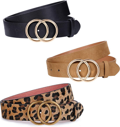 JASGOOD 3 Pack Women Leather Belt for Jeans Pants, Ladies Waist Belts with Double O-Ring Buckle Apparel & Accessories > Clothing Accessories > Belts KYLIE MAX B-black+leopard+khaki Fit Pants Size 28"-33" 