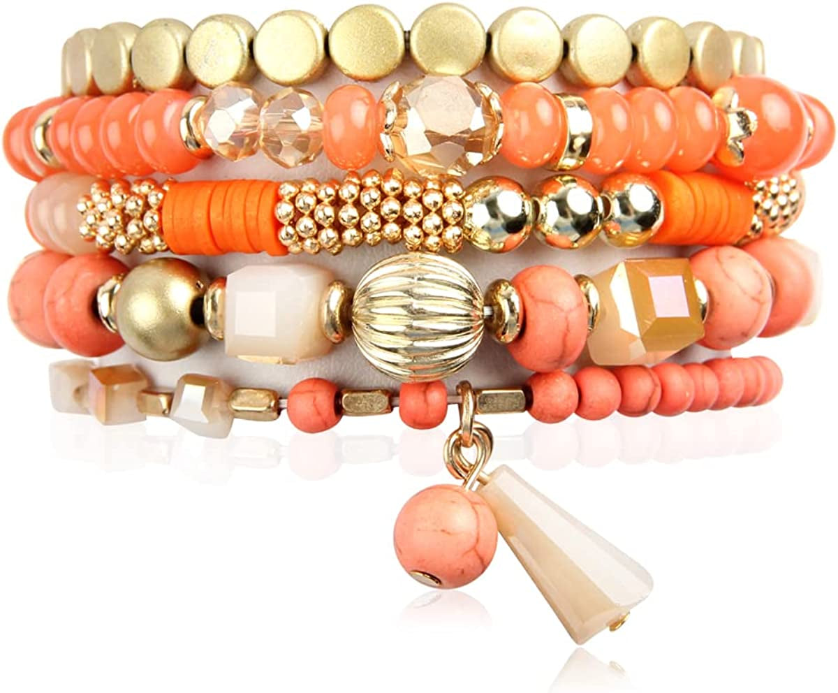 Bohemian Mix Bead Multi Layer Versatile Statement Bracelets - Stackable Beaded Strand Stretch Bangles Sparkly Crystal, Tassel Charm Apparel & Accessories > Jewelry > Bracelets RIAH FASHION Coral  