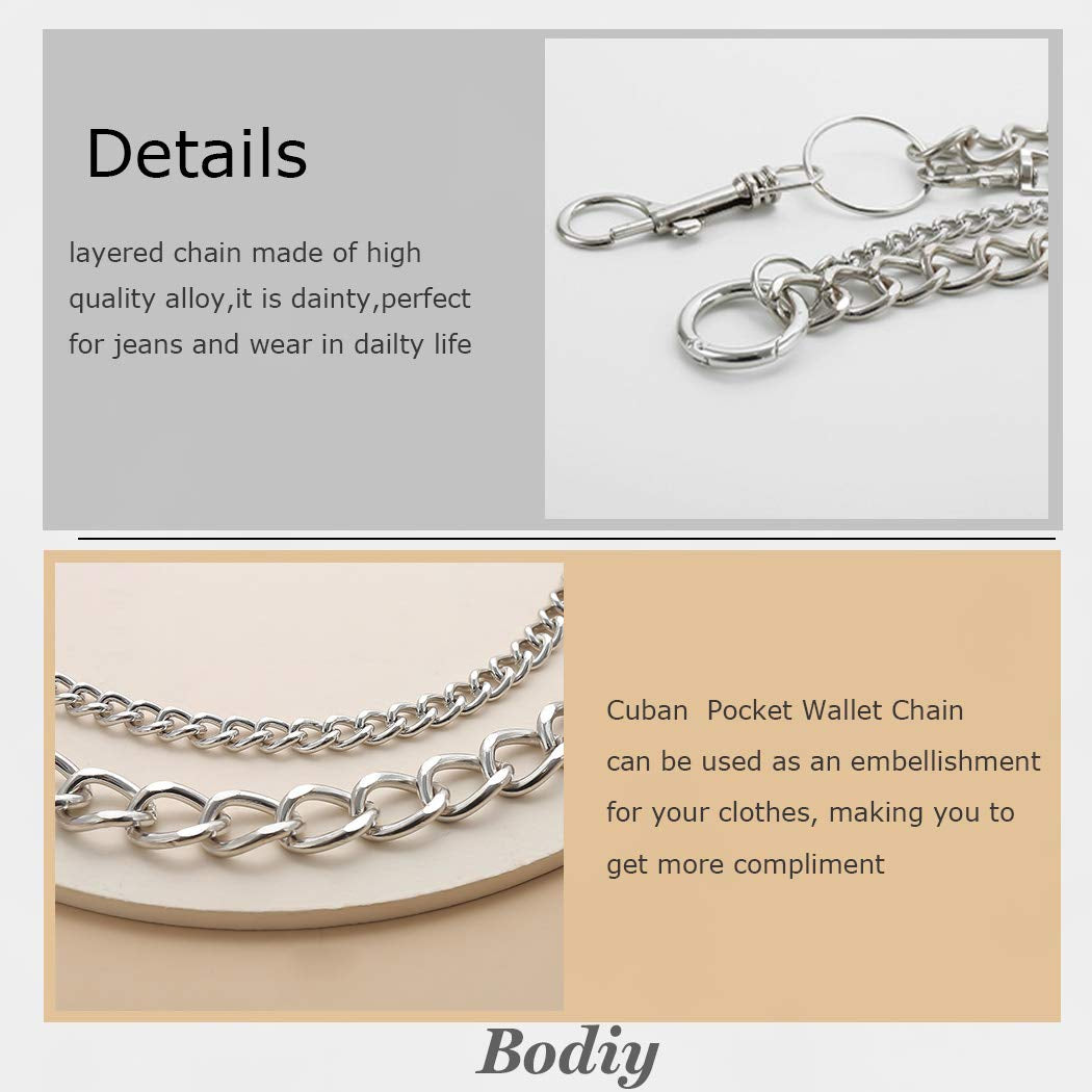 Bodiy Pocket Wallet Chain Silver Cuban Jean Pants Belt Chains Waist Belly Body Chain Jewelry for Women and Girls Apparel & Accessories > Jewelry > Body Jewelry BODIY   