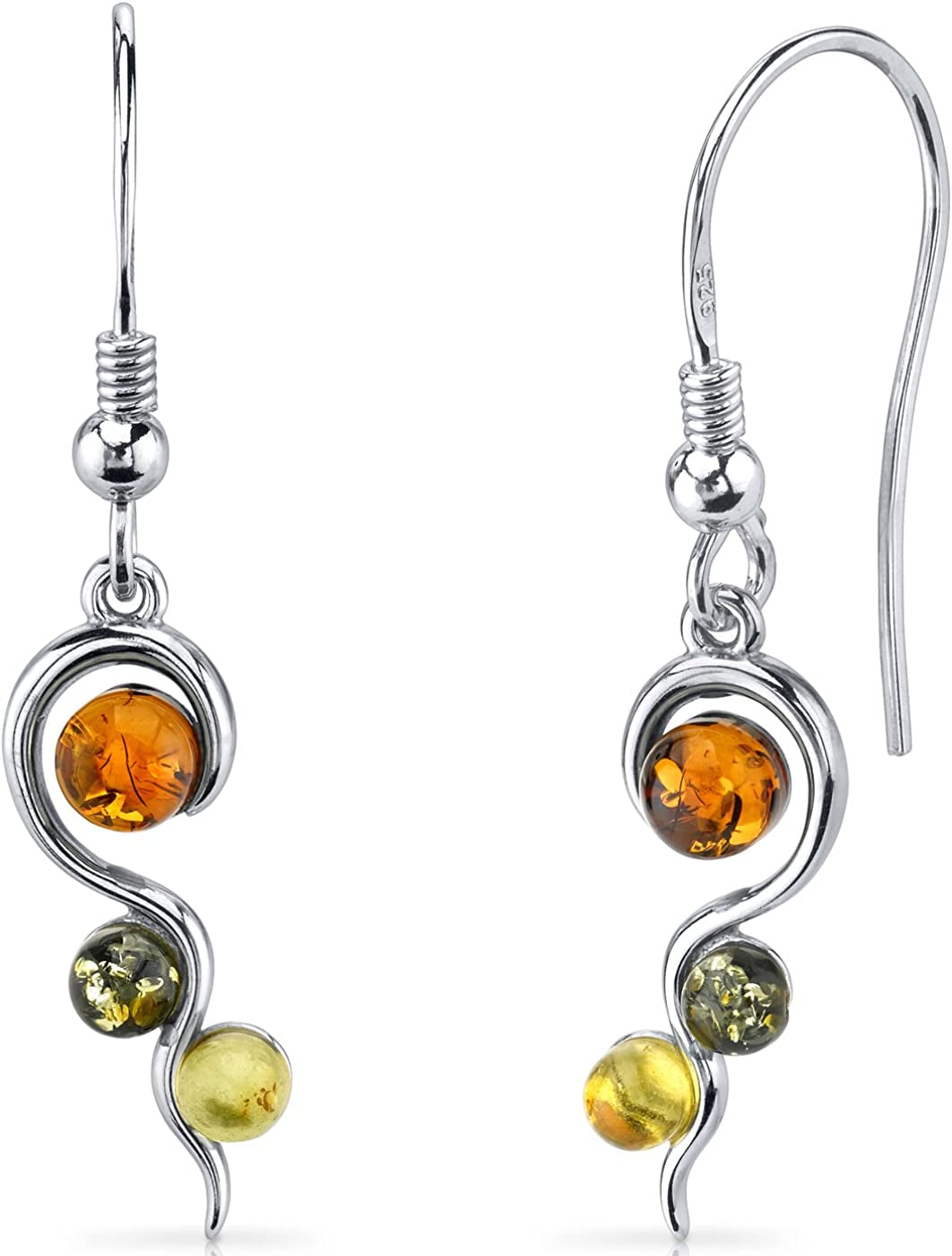 Peora Genuine Baltic Amber Pendant Necklace and Earrings in Sterling Silver, Three Stone Squiggle Rich Cognac, Honey and Olive Colors Apparel & Accessories > Jewelry > Earrings Peora Dangle Earrings  