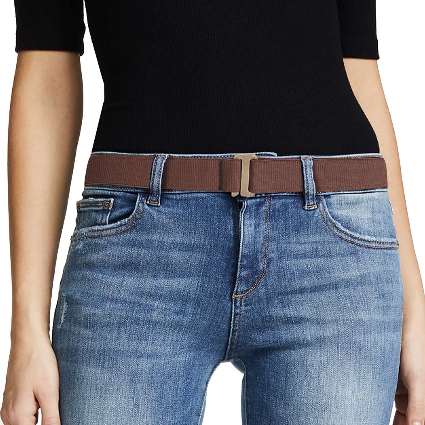 JASGOOD Women No Show Stretch Belt Invisible Elastic Web Strap Belt with Flat Buckle for Jeans Pants Dresses Apparel & Accessories > Clothing Accessories > Belts KYLIE MAX J-coffee-brass Buckle Suit for US Size 0-16 