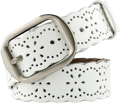JASGOOD Women’S Hollow Flower Leather Belt for Jeans Pants Wide Belt for Ladies Apparel & Accessories > Clothing Accessories > Belts KYLIE MAX D-white Suitable for waist size 25-34" 