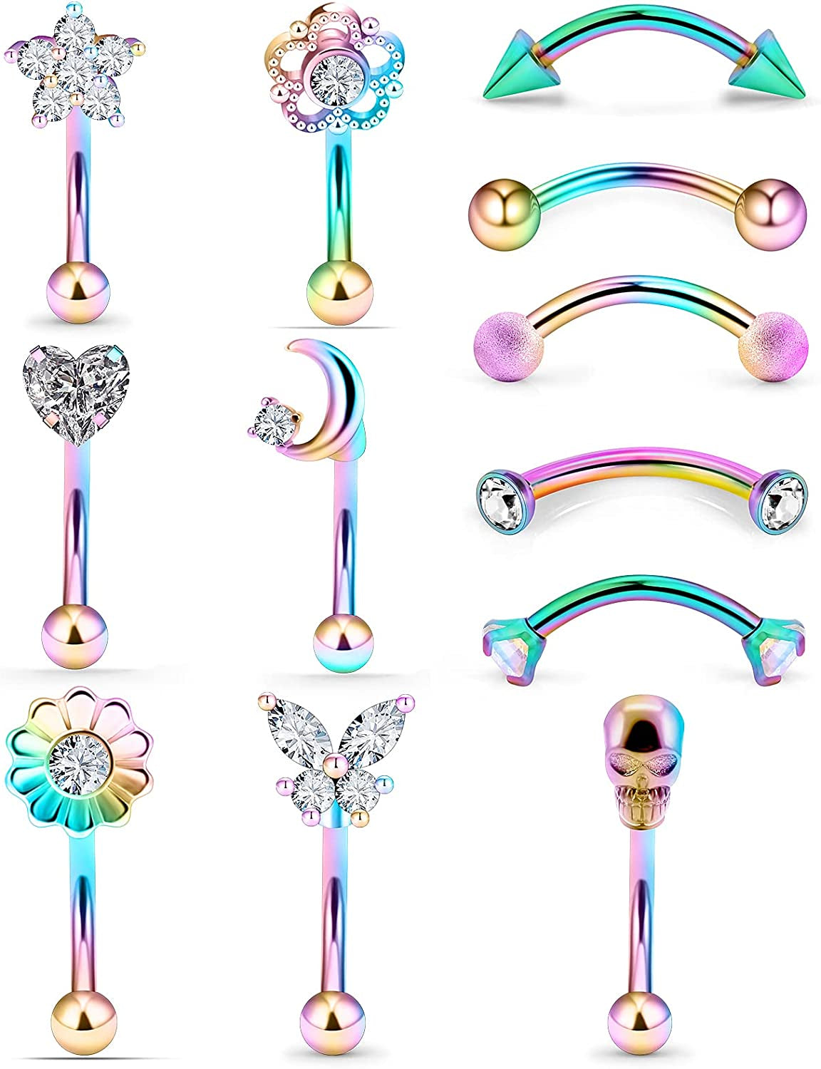 Oufksiyy 16G Rook Piercing Jewerlry Surgical Steel Eyebrow Piercing Jewelry Flower Crystal Heart CZ Moon Shape Eyebrow Rings Snake Eyes Rook Earrings for Women Men Tongue Retainer，Silver Barbell Apparel & Accessories > Jewelry > Body Jewelry Oufksiyy 16G Purple Rainbow Rook Piercing Jewelry  