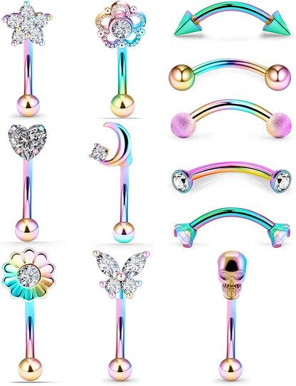 Oufksiyy 16G Rook Piercing Jewerlry Surgical Steel Eyebrow Piercing Jewelry Flower Crystal Heart CZ Moon Shape Eyebrow Rings Snake Eyes Rook Earrings for Women Men Tongue Retainer，Silver Barbell Apparel & Accessories > Jewelry > Body Jewelry Oufksiyy 16G Purple Rainbow Rook Piercing Jewelry  
