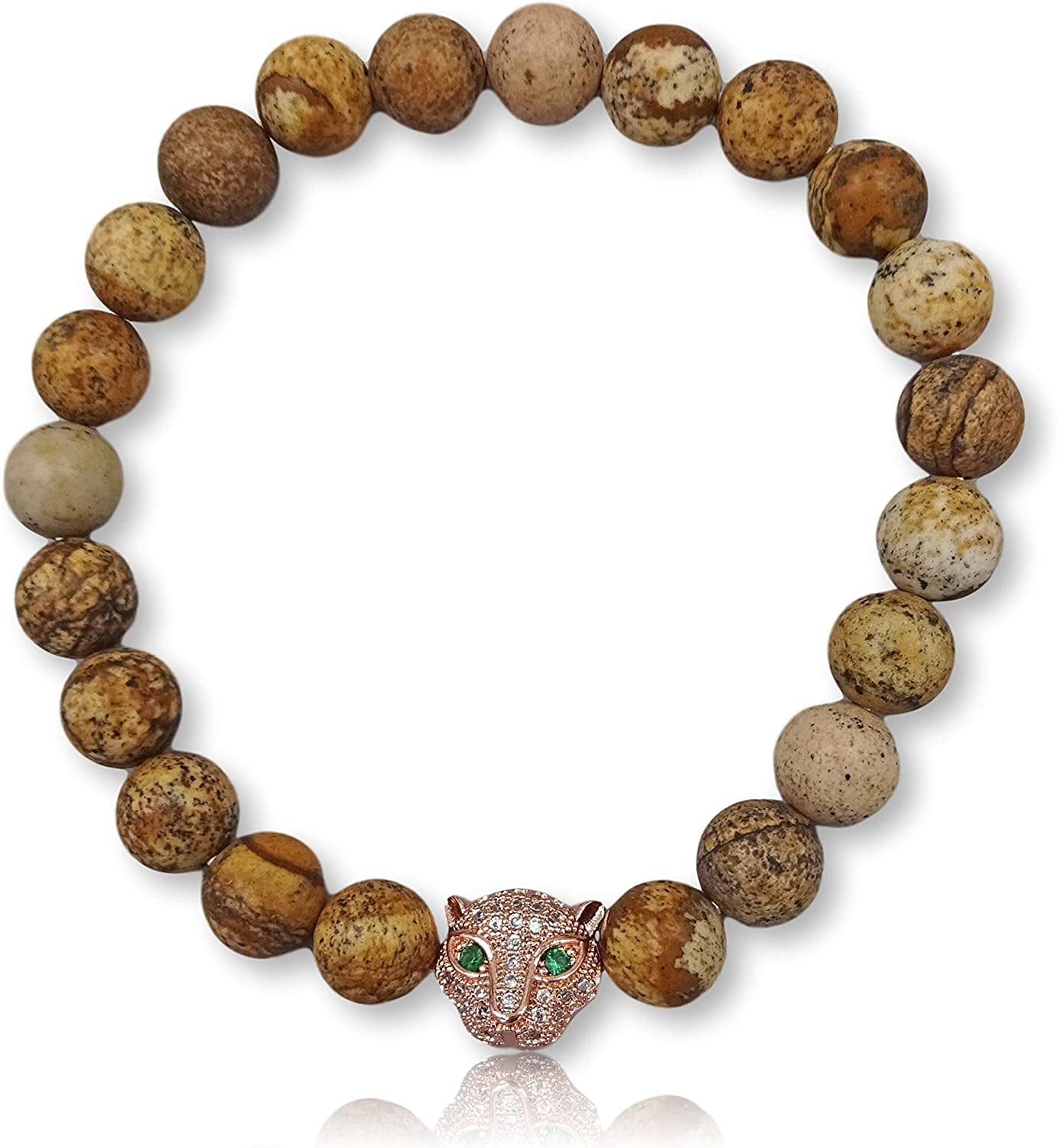MGR MY GEMS ROCK! 8MM Natural Gem Stone Bead Charm Bracelet Cloisonne Butterfly Charm CZ Leopard Head Charm Beaded Stretch Elastic Chakra Bracelet Apparel & Accessories > Jewelry > Bracelets MGR MY GEMS ROCK! picture jasper  