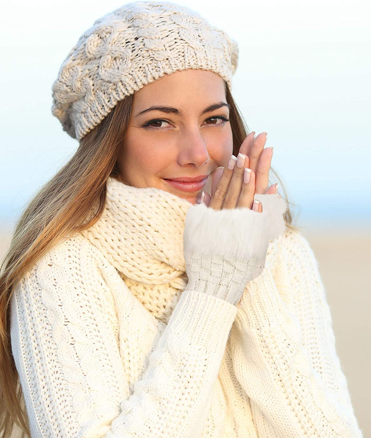 Boao 2 Pairs Fingerless Winter Gloves Short Touchscreen Gloves Thumb Hole Mittens Knitted Warm Gloves with Faux Fur Apparel & Accessories > Clothing Accessories > Gloves & Mittens Boao   