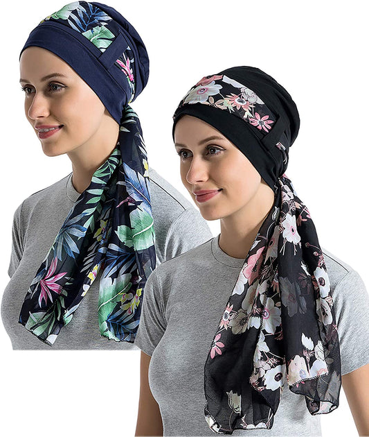 Bamboo Cotton Liner Chemo Headwear for Womenwith Silky Scarfs for Cancer Hair Loss Sleep Caps Beanie Apparel & Accessories > Clothing Accessories > Headwear JarseHera Black+navy Blue,2 Pair One Size 
