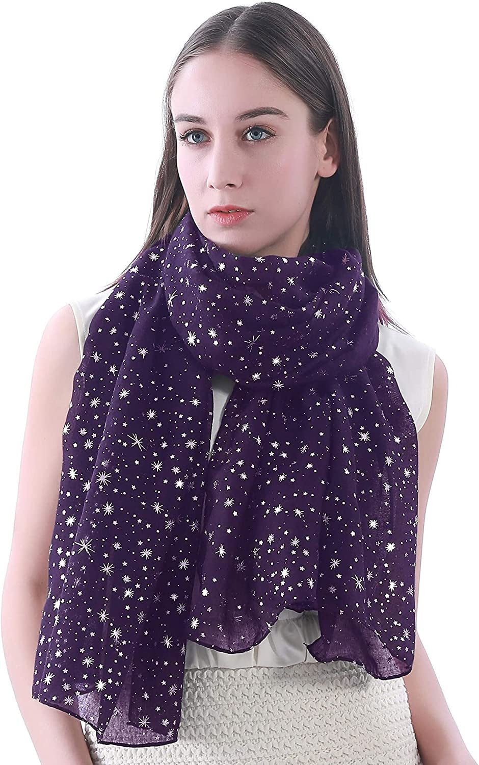 Lina & Lily Silver Gold Glitters Shimmer Foil Stars Women Scarf Shawl Wrap Apparel & Accessories > Clothing Accessories > Scarves & Shawls Lina & Lily Purple (Silver Stars)  