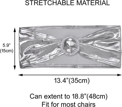 Sweeteasy 50Pcs Metallic Silver Spandex Chair Sashes, Durable Workmanship,Stretch Bows with Buckle Stretchable for Christmas Wedding Party Banquet Event Baby Shower Birthday Celebration Decoration Apparel & Accessories > Clothing Accessories > Sashes SweetEasy   