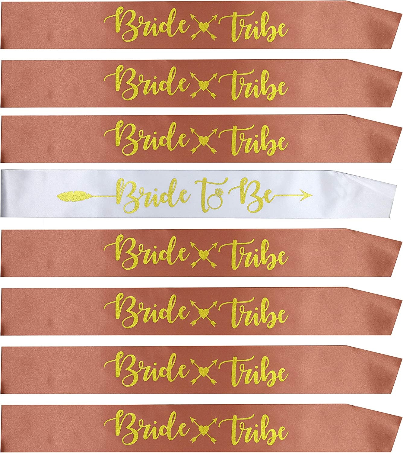 Bachelorettesy Bride Tribe Bridesmaids Sashes - 8 Pack Rose Gold Satin Bachelorette Sashes for Bridal Shower, Bachelorette Parties, Wedding Parties, Girls' Night Out & More! Apparel & Accessories > Clothing Accessories > Sashes Bachelorettesy Rose Gold  