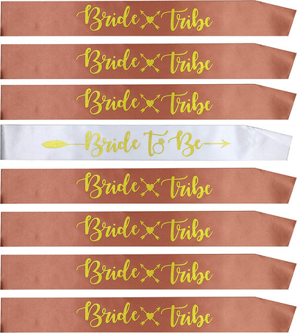 Bachelorettesy Bride Tribe Bridesmaids Sashes - 8 Pack Rose Gold Satin Bachelorette Sashes for Bridal Shower, Bachelorette Parties, Wedding Parties, Girls' Night Out & More! Apparel & Accessories > Clothing Accessories > Sashes Bachelorettesy Rose Gold  