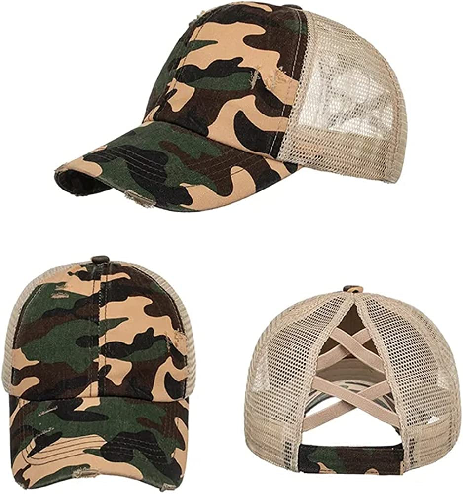 Criss Cross Ponytail Hat Washed Distressed Women Mesh Baseball Caps Messy Bun Ponycaps Apparel & Accessories > Clothing Accessories > Hats Didida   