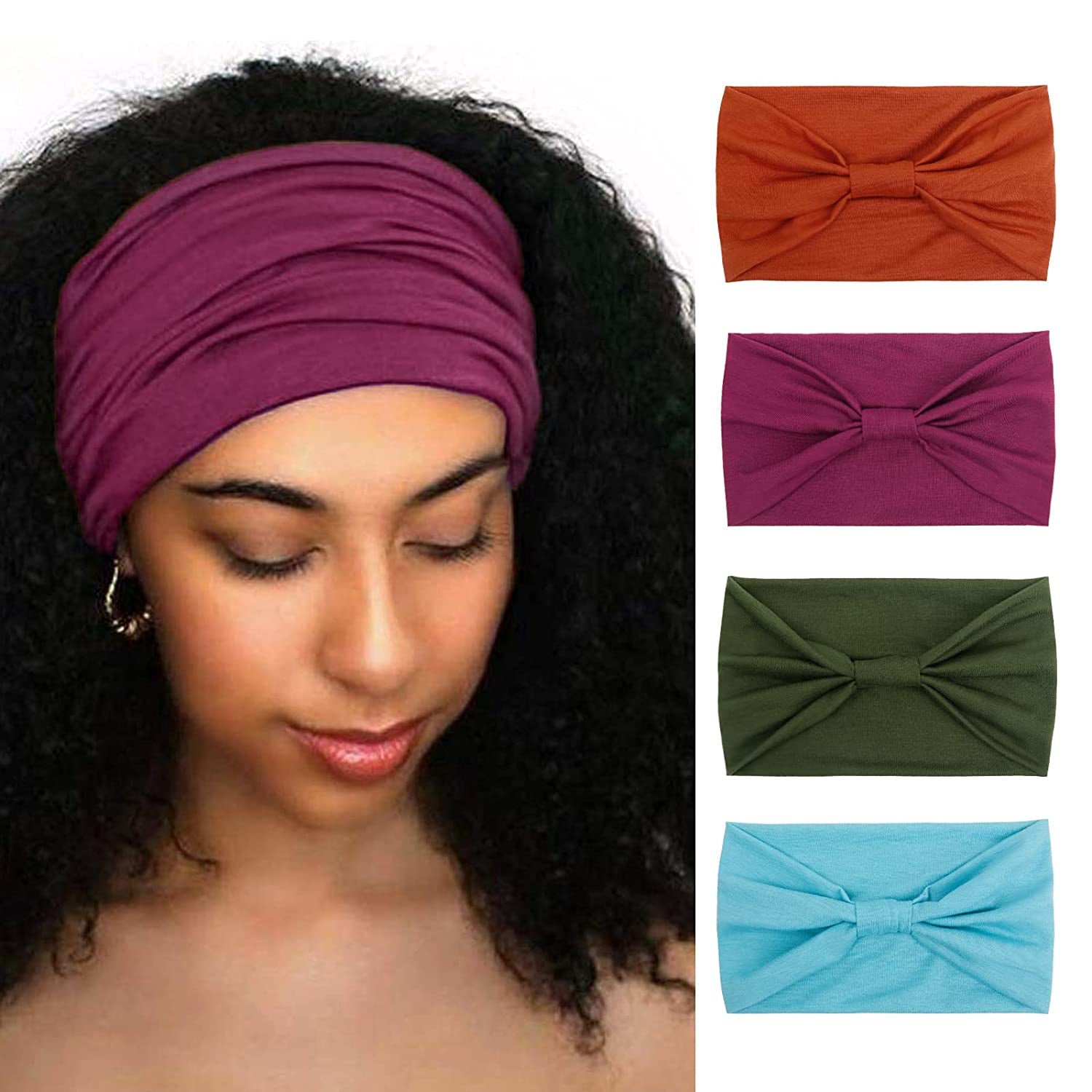 Wide Headbands for Women Black Stylish Head Wraps Boho Thick Hairbands Large African Sport Yoga Turban Headband Hair Accessories (Pack of 4) Apparel & Accessories > Clothing Accessories > Bandanas & Headties Huachi Headbands 8  