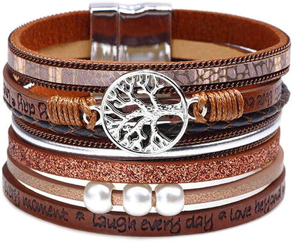 Fesciory Leather Wrap Bracelet for Women, Leopard Multi-Layer Magnetic Buckle Cuff Bracelet Jewelry Apparel & Accessories > Jewelry > Bracelets Fesciory B24-Tree of Life(Brown)  