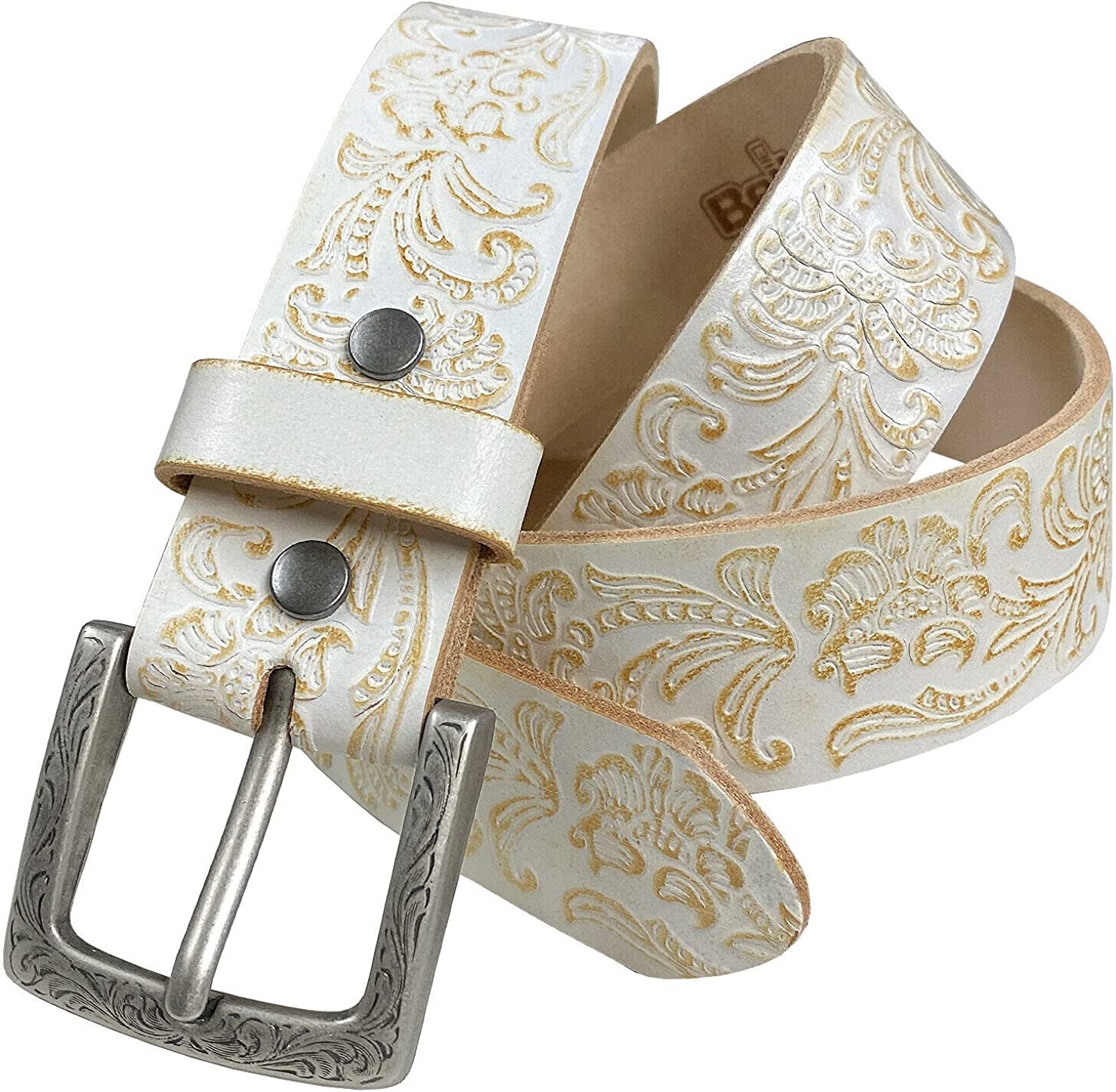 Cowboy Cowgirl Western Tooled Floral Embossed Full Grain Genuine Leather Belt Strap 1-1/2"(38Mm) Wide Apparel & Accessories > Clothing Accessories > Belts Belts.com Type C - White 28 