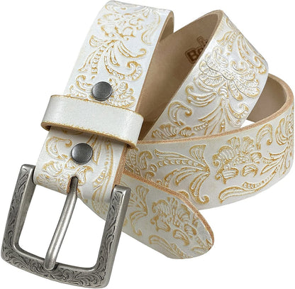 Cowboy Cowgirl Western Tooled Floral Embossed Full Grain Genuine Leather Belt Strap 1-1/2"(38Mm) Wide Apparel & Accessories > Clothing Accessories > Belts Belts.com Type C - White 28 