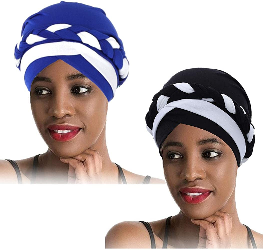 Woeoe African Head Wraps Stretch Braid Chemo Hat Cap Print Pre-Tied Head Turbans Headwear for Women and Girls Apparel & Accessories > Clothing Accessories > Headwear Woeoe Black,blue  