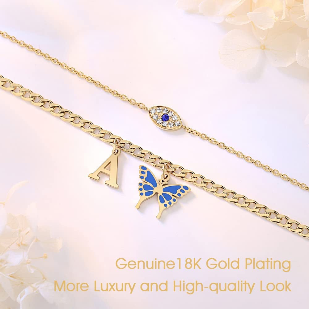 SAM & LORI 2 Pcs Anklets Set 18K Gold Plated Dainty Layered Personalized Initial Anklets Bracelets - Blue Butterfly - Sparkling CZ Evil Eye - Adjustable Summer Jewelry for Women Teen Girls Apparel & Accessories > Jewelry > Anklets SAM & LORI   