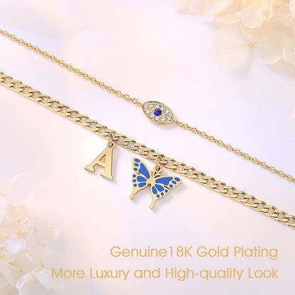 SAM & LORI 2 Pcs Anklets Set 18K Gold Plated Dainty Layered Personalized Initial Anklets Bracelets - Blue Butterfly - Sparkling CZ Evil Eye - Adjustable Summer Jewelry for Women Teen Girls Apparel & Accessories > Jewelry > Anklets SAM & LORI   