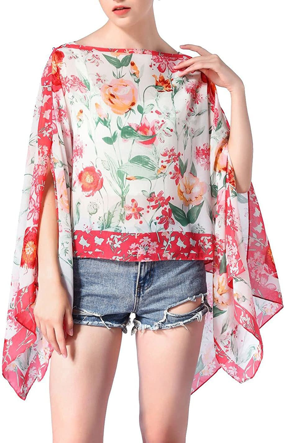 Women'S Chiffon Scarve Shawls Wraps Qunsia Floral Poncho Bikini Cover up Tops Apparel & Accessories > Clothing Accessories > Scarves & Shawls Qunsia   
