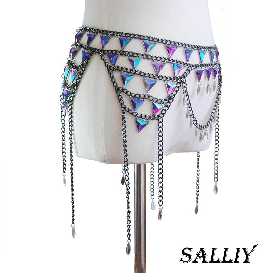 Salliy Boho Rhinestone Bikini Chain Set Silver Sexy Sequins Mesh Body Chains Summer Bra Body Jewelry for Women and Girls (F) Apparel & Accessories > Jewelry > Body Jewelry Salliy   