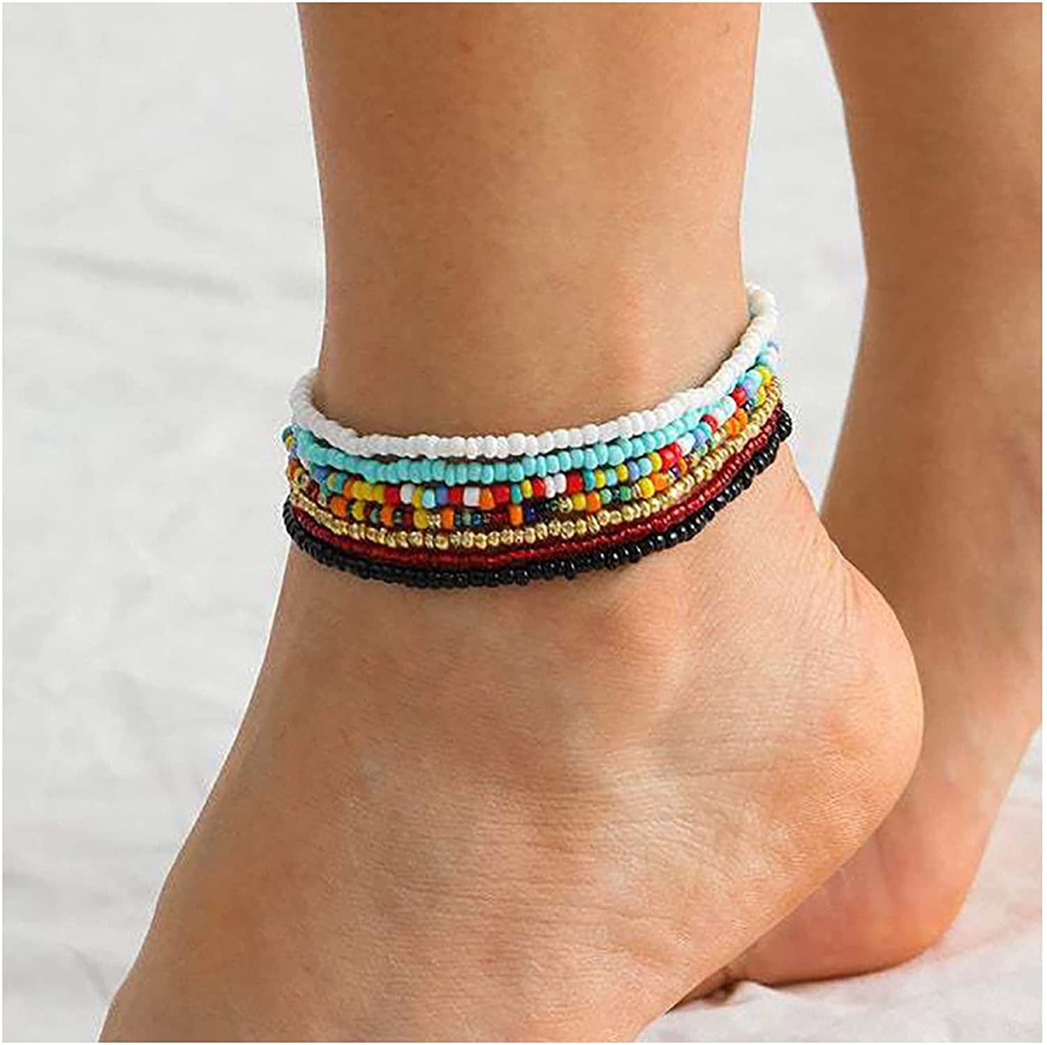 Boho Handmade Beaded African Anklets Multicolor Women Stretch Seed Beads Rainbow Ankle Bracelets Glass Bead Bracelet Elastic Foot and Hand Chain Jewelry (7PCS) Apparel & Accessories > Jewelry > Anklets NEEBAOLY   