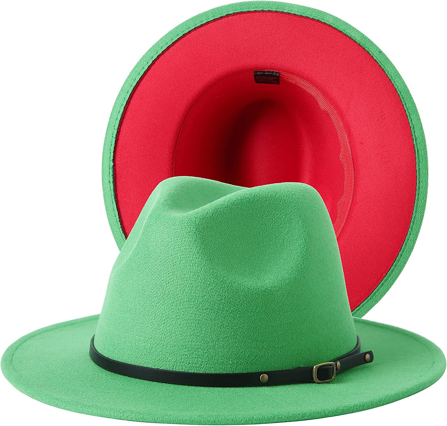 JOYEBUY Women Lady Two Tone Wide Brim Panama Hat Patchwork Colors Classic Fedora Hat with Belt Buckle Apparel & Accessories > Clothing Accessories > Hats JOYEBUY Grass Green/Red One Size 