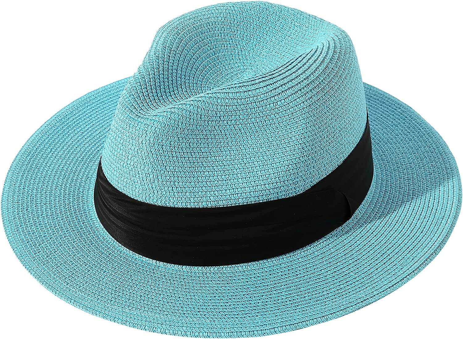 Lanzom Women Wide Brim Straw Panama Roll up Hat Belt Buckle Fedora Beach Sun Hat UPF50+ Apparel & Accessories > Clothing Accessories > Hats Lanzom Sky Blue One Size 