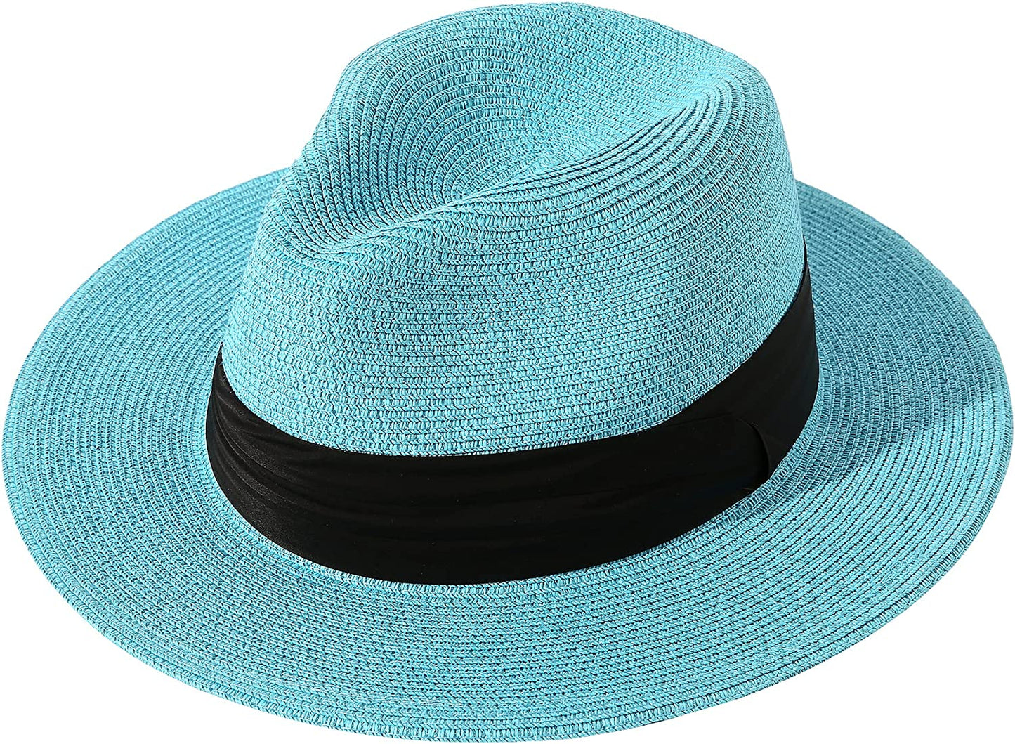 Lanzom Women Wide Brim Straw Panama Roll up Hat Belt Buckle Fedora Beach Sun Hat UPF50+ Apparel & Accessories > Clothing Accessories > Hats Lanzom Sky Blue One Size 