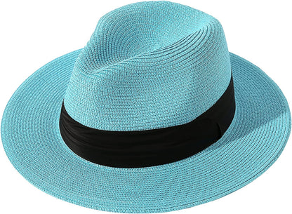 Lanzom Women Wide Brim Straw Panama Roll up Hat Belt Buckle Fedora Beach Sun Hat UPF50+ Apparel & Accessories > Clothing Accessories > Hats Lanzom Sky Blue One Size 