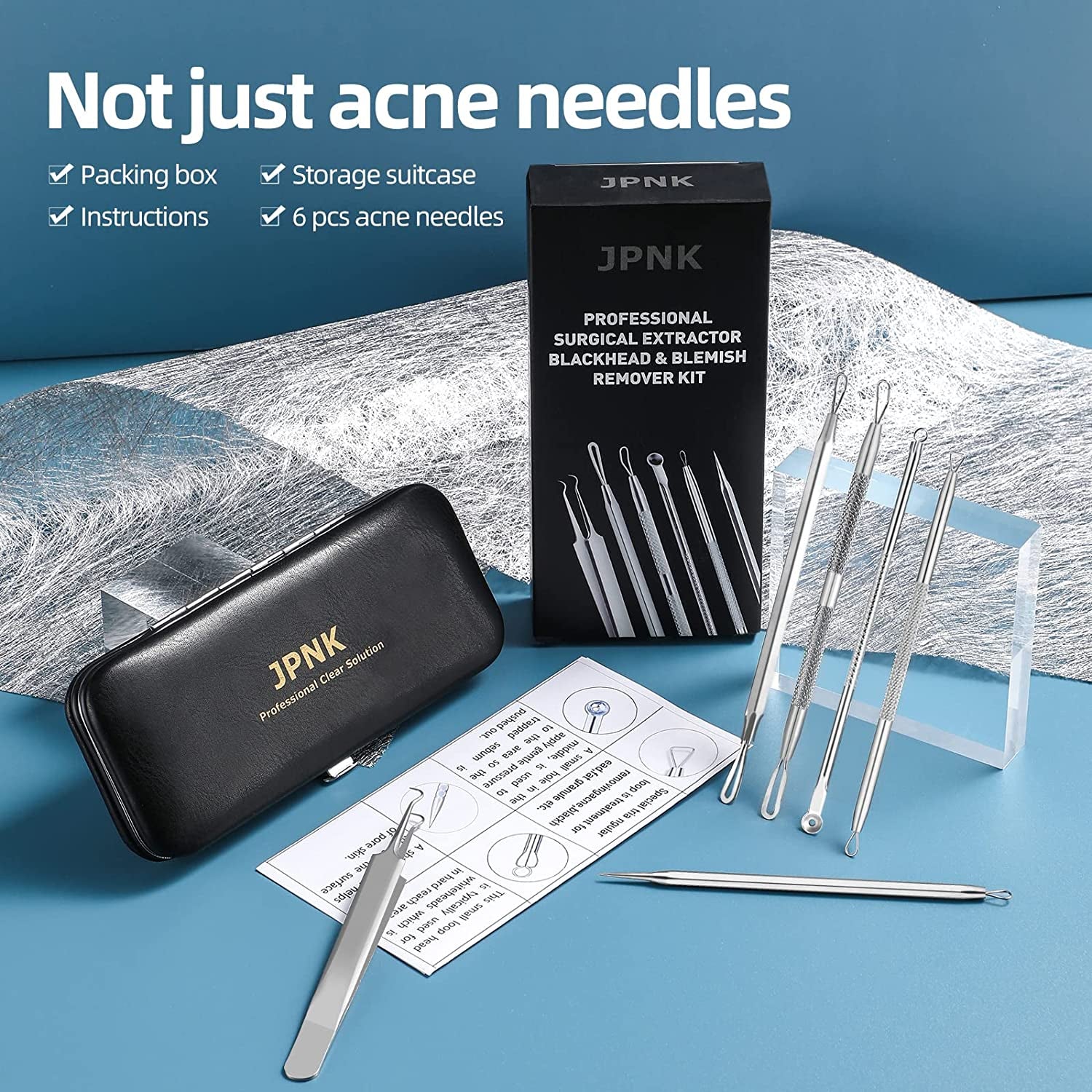 JPNK Blackhead Remover Tool Comedones Extractor Acne Removal Kit for Blemish, Whitehead Popping, 6 Pcs Zit Removing for Nose Face Tools with a Leather Bag Health & Beauty > Personal Care > Cosmetics > Cosmetic Tools > Skin Care Tools JPNK   